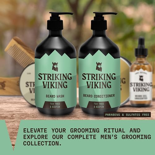 Striking Viking Beard Wash and Conditioner (Tea Tree & Biotin) - Paraben & Sulfate Free Cleansing Care for All Beard Types (10oz Per Bottle)