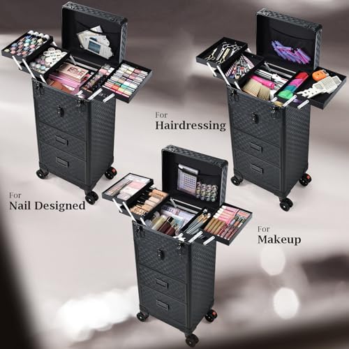 Rolling Makeup Case with 3 Drawers & Foot Stand for Artists