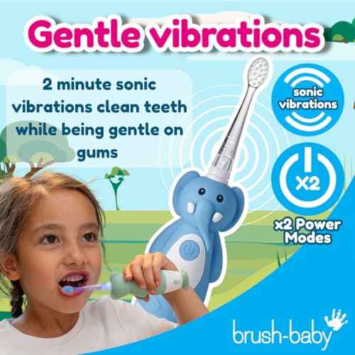 brush-baby WildOnes Kids Electric Rechargeable Toothbrush Elephant, 1 Handle, 3 Brush Heads, USB Charging Cable, for Ages 0-10 (Elephant)