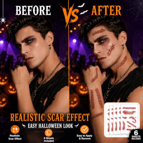 Zombie Scar Tattoos - 6 Pack Realistic Halloween Face Scars