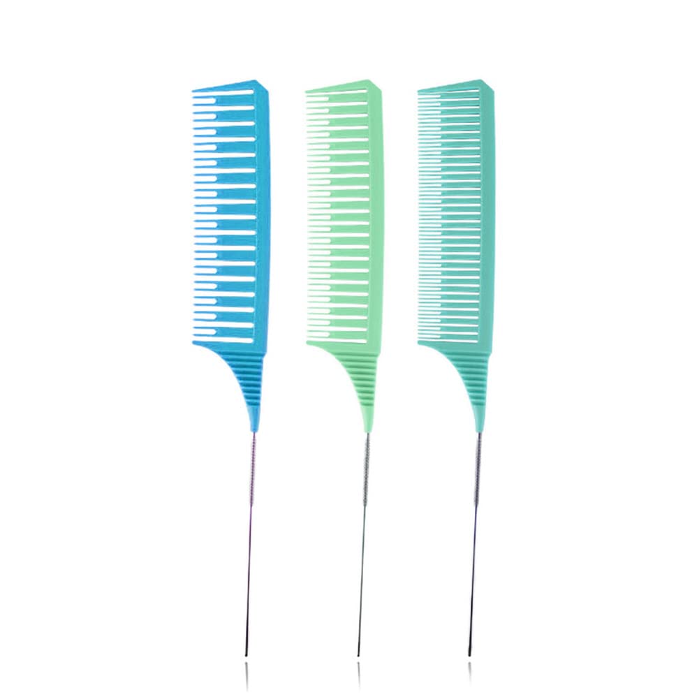 SKYPIA 3 Piece Professional Dyeing Hair Comb Set with Long Stainless Steel Rat Tail Combs for Hair Stylists (Blue & Green)