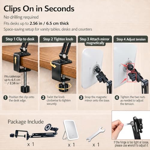 Ezcora Clip-On Makeup Mirror with Light & Extension Arm