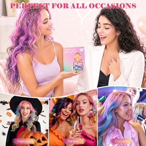Hair Chalk and Glitter Set - 16 Pcs Temporary Hair Color