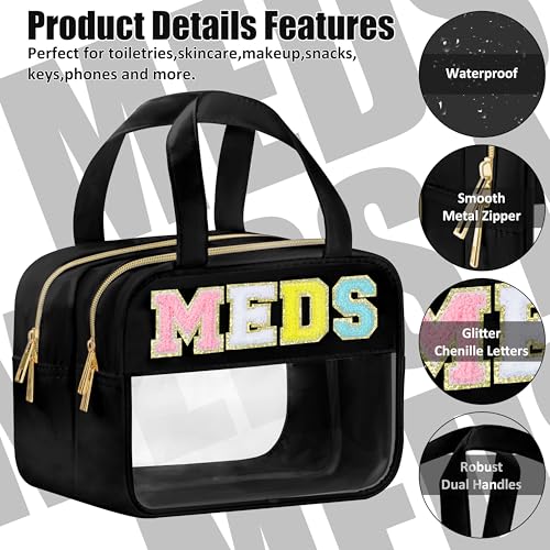 Chenille Letter Clear Medicine Makeup Bag for Travel, Preppy Patch Nylon Cosmetic Meds Pouch with Handles and Zipper, Waterproof Large Travel Toiletry Bag Storage Case for Women Black
