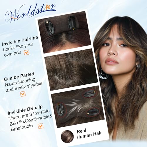 WORLDSTAR Human Hair Bangs Hair Topper Clip-In for Women Dark Brown 10 Inch