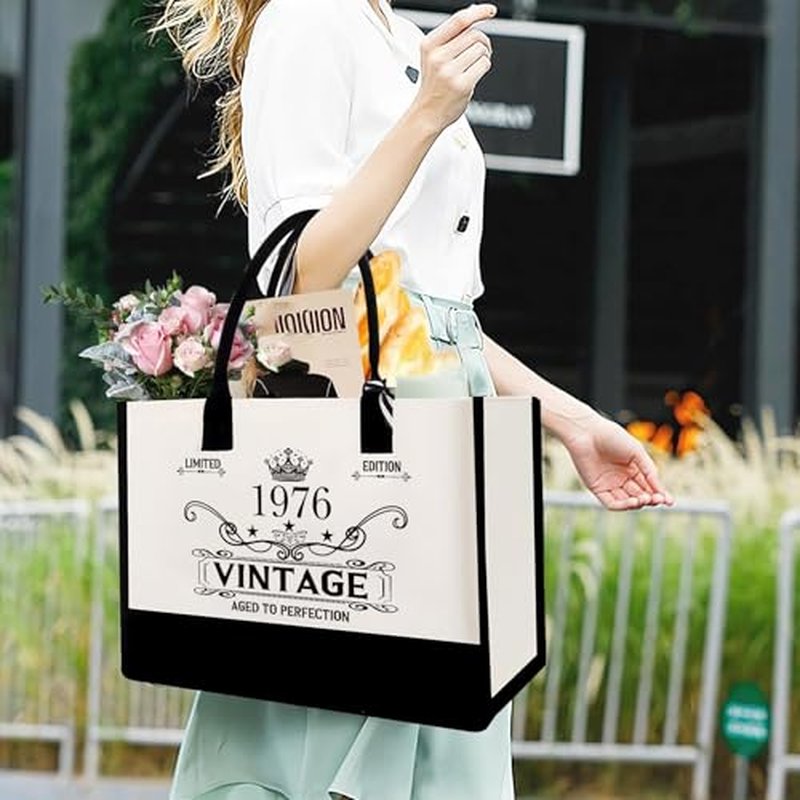 50th Birthday Gifts for Her Woman? Vintage 1976 Canvas Tote Bag Gift Set for Women, Cosmetic Bag, Back in 1976 Card, Unique 50 Years Old Birthday Gift Ideas for Mom, Wife, Sister, Friends