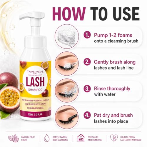 TWILASH Passion Fruit Lash Shampoo 500ml - Gentle Foaming Eyelash Cleaner for Extensions & Daily Care