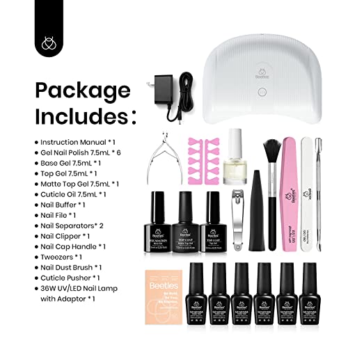 Beetles Gel Nail Polish Kit with LED Light Base & Top Coat, 6 Neutral Nude Colors, Chrome Nail Powder, 1g Glazed Silver