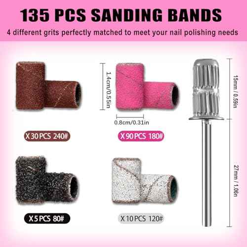Nail Drill Bits, 135 Pcs Sanding Bands for Nail Drill, Nail Tips for Drill Bits Nail Tech, Mix 80#120#180#240# Fine Grit File Sanding Bands for Acrylic Gel Manicures Pedicure