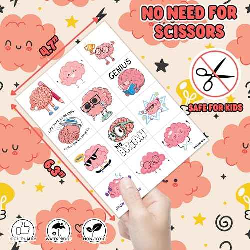 96PCS Cute Brain Temporary Tattoos Themed Birthday Party Favors Decorations Supplies Funny Human Anatomy Body Part Tattoo Stickers Gifts for Boys Girls Kids School Classroom Prizes Carnival Christmas