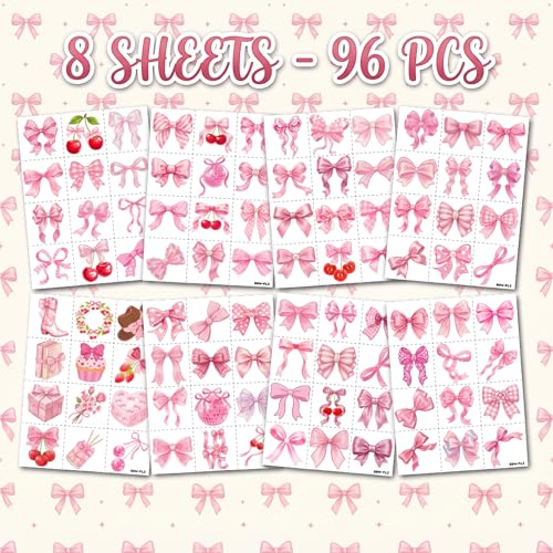 Pink Bow Temporary Tattoos for Kids - 96 PCS Party Favors