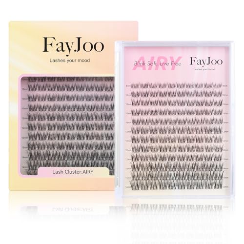 Natural Lash Clusters with 0.05mm Thin Invisible Band, Soft Wispy C Curl Lash Extensions, DIY Salon Effect with 8-16mm Lengths,Lightweight for Daily Wear,FayJoo AIRY 12 Lash Only