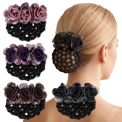 4-Piece Flower Hair Bun Covers with Clips & Mesh Net