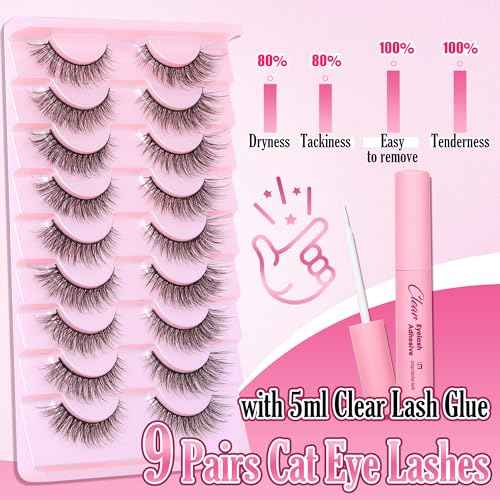 Natural Lashes Kit with Lash Glue 3D False Eyelashes Wispy 12mm Short Cat-Eye Lashes with 5ML Clear Eyelash Glue 9 Pairs Fake Eyelashes with Glue by TOOCHUNAG