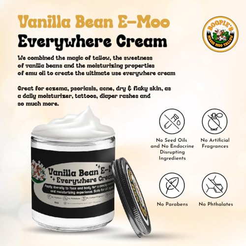 Magic Moo Beef Tallow Vanilla Bean E-Moo Moisturizing Everywhere Suet Tallow Cream with Organic Emu Oil. For Acne, Stretch Marks, Eczema, Hydration, Dry Skin & More! 8oz