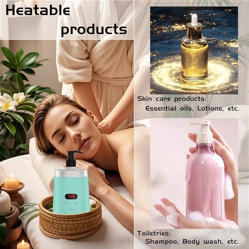 Massage Oil Warmer Professional Electric Lotion Digital Heater SPA, Compact Oil Warmer Heated Bottle for Beauty Salon Home,Automatic Thermostat Cream Heater wiht Two Oil Dispenser Bottle Funnel Green