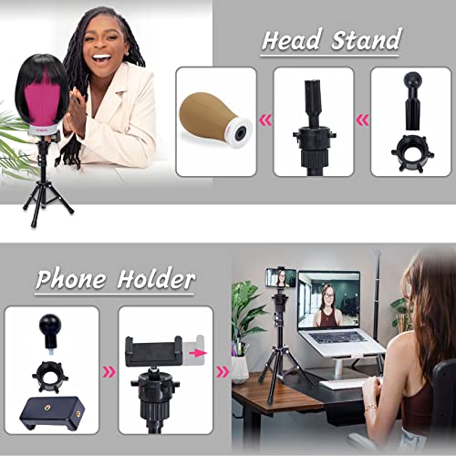 LIYATE Wig Stand Tripod with Head, Wig Head Stand with Mannequin Head, 23 Inch Wig Head, Mini Wig Stand Tripod for Mannequin Head, Wig Making Kit and Supplies, Wig Cap, T Pins Set, Phone Holder