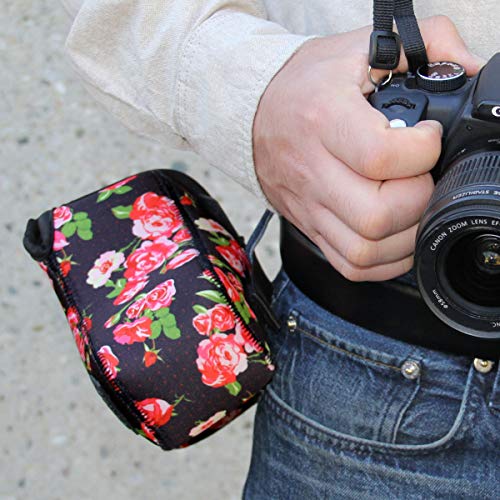 USA Gear DSLR Camera Sleeve (Floral) with Neoprene Protection, Holster Belt Loop and Accessory Storage - Compatible with Canon EOS Rebel T7, T8, SL3, R7, Nikon D3400, Pentax K-70 and Many More