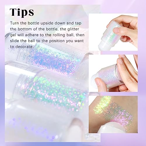 2 Colors Roll-on Body Glitter Gel, Holographic Glitter Gel Under Light for Face Hair, Body Shimmer for Rave Accessories Christmas New Year Halloween Makeup (Golden Ocean+Neon Violet)