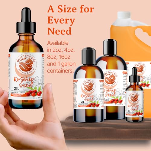 Bella Terra Oils - Organic Rosehip Oil for Face 2oz - Immerse in Vitamin-Rich Organic Rosehip Legacy, Packed with Provitamin A, Non-Greasy Formula for a Supple Glow