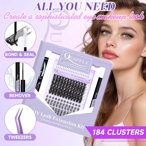 QUAFFLY 184Pcs Eyelash Extension Kit with Bottom Lashes, Adhesive & Tools