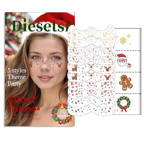 Christmas Glitter Face Tattoo,Diesetsr Body Glitter Temporary Tattoos Patches, Festival Rave Outfits for Women, Sparkle Patches for Kids, Party Christmas Festival Decorations,30 PCS