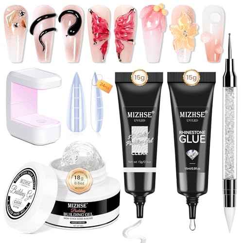 MIZHSE Solid Builder Nail Gel 3D Nail Gel and Rhinestone Glue for Nails Kit, Clear Sculpting Hard Carving Gels Builder Modeling Gels, No Wipe Kit Soak Off U V LED Nails Art Manicure Home