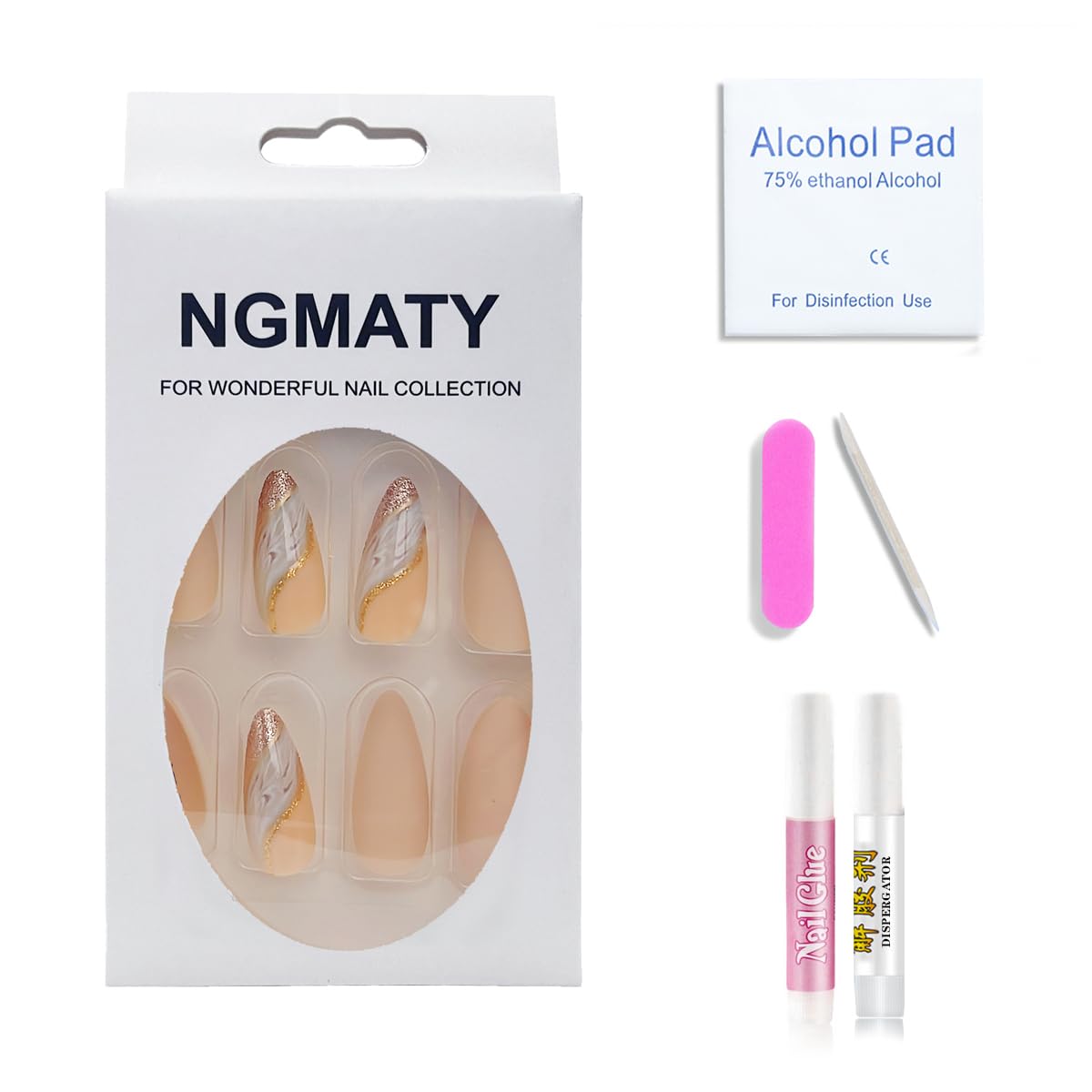 NGMATY Press On Nails Gold Curve Color Smudge Silver Glitter Solid Frosted Hand Medium Almond Shape Wearable Nails 12 Sizes 24 Pcs Gel False Nail Set