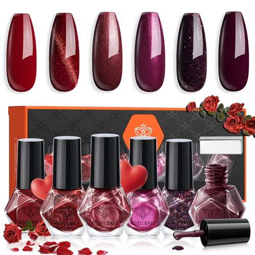 modelones Red Nail Polish Set with Velvet Cat Eye, 6 Colors – A2 Dark Red