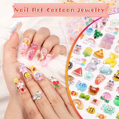 300PCS Kawaii Nail Charms Kit, 3D Animal & Candy Resin Charms for Acrylic Nails, Cute Bear Bee Fruit Nail Art Supplies with Tweezers for DIY Crafts & Shoe Decor