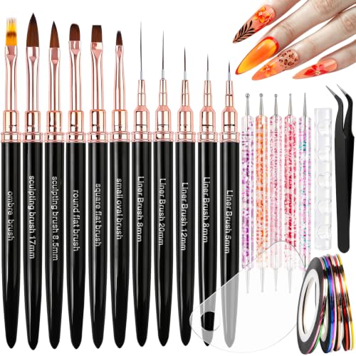 Teenitor 29Pcs Nail Art Kit with Brushes, Dotting Pens & Striping Tape