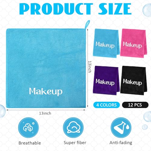 12 Pack Reusable Makeup Remover Cloths 13" x 13" Thick Microfiber Face Towels Colorful Soft Cleansing Eraser Wash Cloths for Skin Facial Hand Travel Use