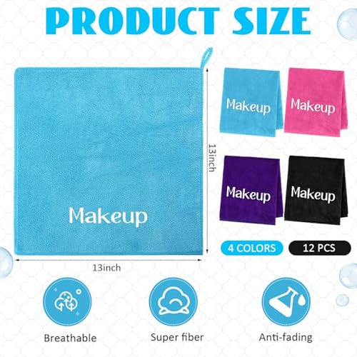 12 Pack Reusable Makeup Remover Cloths 13" x 13" Thick Microfiber Face Towels Colorful Soft Cleansing Eraser Wash Cloths for Skin Facial Hand Travel Use