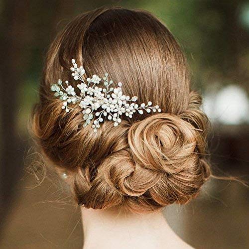 Kercisbeauty Wedding Bridal Bridesmaids Flower Girl Mint Green Crystal Comb Bridal Hair Comb Headpiece Long Curly Bun Hair Accessories,Rustic,Vintage (Silver)