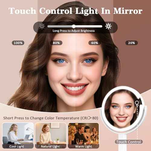 15X/1X Makeup Mirror with Lights, 4000mAh Vanity Mirror with 3 Lighting and Adjustable Brightness, 2-Sided Height Adjustable Lighted Magnifying Mirror, Make Up Mirror Gifts for Elder Women