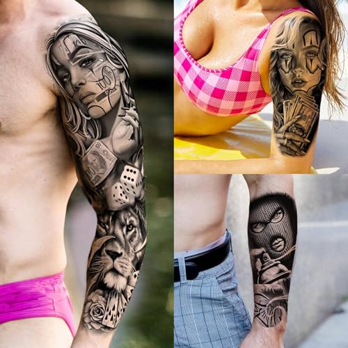 18 Sheets Chicano Full Arm Temporary Tattoos For Men Women Thigh, Chicana Guadalupe Joker Gangster Nun Girl Fake Sleeve Tattoos For Adults, Temp Bulk Jesus Christ Halloween Tattoo Stickers Prison