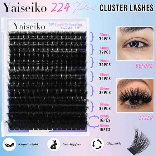 Lash Clusters 300D Thick Long 12-25mm Volume Cluster Eyelash Extensions 224Pcs Wispy Individual Lashes D Curl Waterproof Eyelash Clusters Soft False Eyelashes DIY at Home, by Yaiseiko
