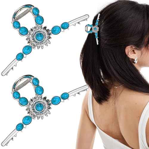 2 PACK Extra Turquoise Blue Stone Sun Hair Claw Clip, Metal Retro Style Hairpin Western Hair Clip, Nonslip Hair Accessories for Thick Hair