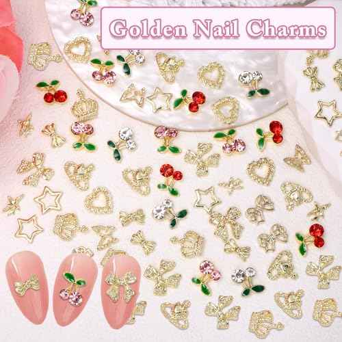 2 Boxes 300 Pcs Gold Nail Charms, Cherry Nail Charms, Bows Star Heart Crosses Butterfly Crown Nail Gold Charms, Multi Shapes Golden Nail Art Studs, Y2K Gold Charms for Nail DIY