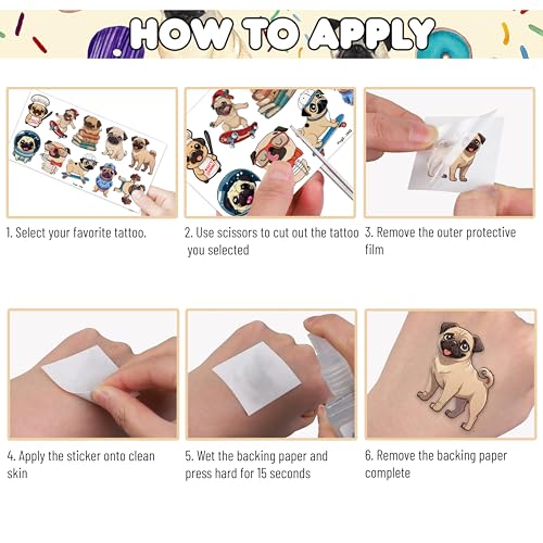 96PCS Pug Dog Temporary Tattoos Themed Pets Puppy Birthday Party Decorations Supplies Favors Decor Little Frech Bulldog Animal Tattoo Stickers Gifts For Kids Boys Girls Adults School Prizes Carnival