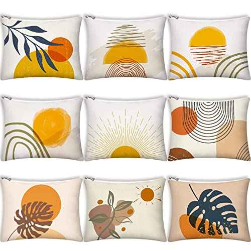 9Pcs Boho Cosmetic Bags Rainbow Retro Makeup Bag Sunshine Canvas Makeup Pouch for Purse Boho Nature Cosmetic Pouch Mid Centry Decor Travel Accessory Pouch