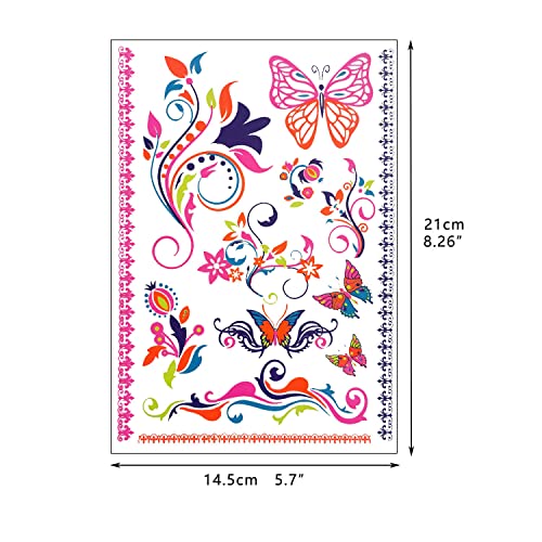 glaryyears 80+ Neon Temporary Tattoos, Glow UV Fake Charming Mandala Floral Butterfly Flowers Dreamcatcher designs, Women Girls Party Favor Supplies Night Pub 7 Sheets