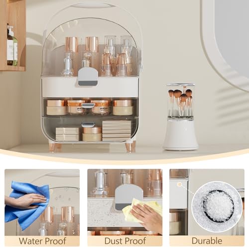 Makeup Organizer Countertop & Makeup Brush Holder with Lid 360 Rotating Clear Dustproof Skincare Holder for Vanity Bathroom Countertop, Ideal Gifts for Women, Transparent, Silver