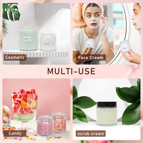 24 Pack 8 oz Glass Jars with lids, Clear Cosmetic Jars with Inner Liners and Black Lids, Lotion Jars, Candle Making Jars for Lotions, Scrubs and Cosmetic, Lables and Spatulas Include