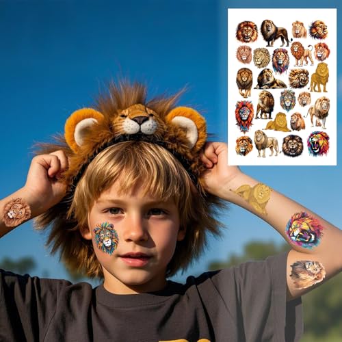 Lion Temporary Tattoo Stickers for Kids, 8 Sheets