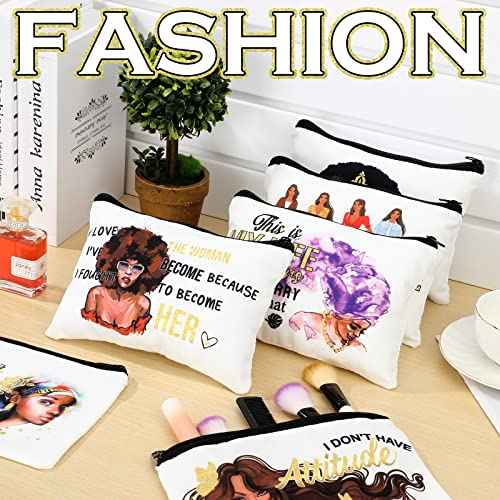 12 Pcs African Girl Makeup Bag Black Girl Christmas African Gifts Afro Melanin Art Cosmetic Canvas Bags Funny Cute Reusable Toiletry Pouch Organizer Black Owned Business Gift for Women(Stylish Style)