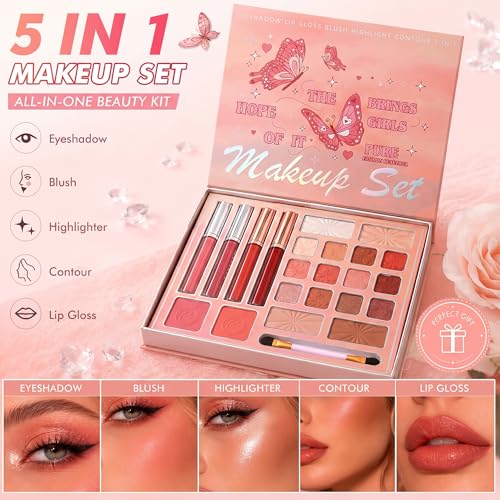 5 in 1 Makeup Palette Set with Eyeshadow, Blush, Highlighter & Brush