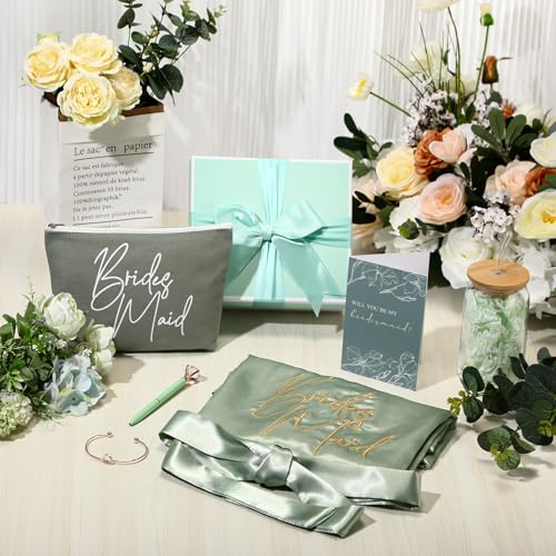 Irenare Bridesmaid Proposal Gifts Set Robes Makeup Bag Cup Cards Hair Tie Bracelet Diamond Pen Bridesmaid Gift Box(Green,8 Pcs)