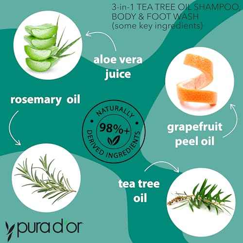 PURA D'OR 16 Oz 3-in-1 Tea Tree Shampoo, Body & Foot Wash, Shampoo - Total Body Care - Foot Odor & Daily Hygiene, Cleansing Routine, Post-Workout Refreshment - Soothes, Invigorates, Nourishes