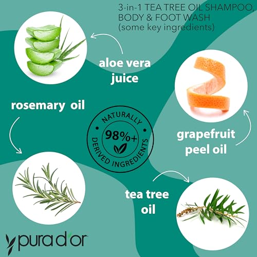 PURA D'OR 3-in-1 Tea Tree Shampoo, Body & Foot Wash, Shampoo (16oz x3 = 48oz) Total Body Care - Foot Odor & Daily Hygiene, Cleansing Routine, Post-Workout Refreshment - Soothes, Invigorates, Nourishes